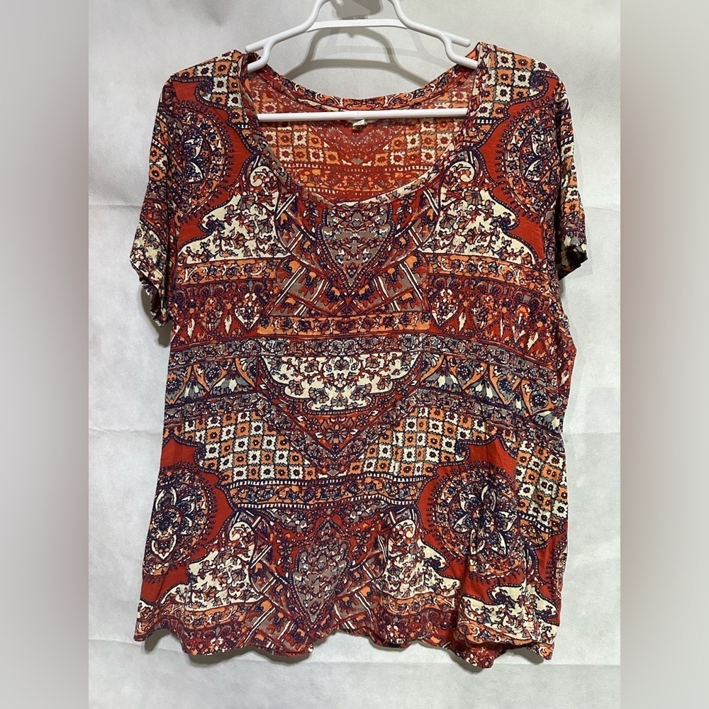 Lucky Brand Womens 1X Floral Tunic Orange Blue Bohemian Short Sleeve Top Cotton